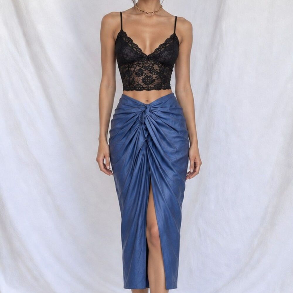 Zara Blue High Low Waisted Pleated High Slit Satin Midi Skirt Size XS/S